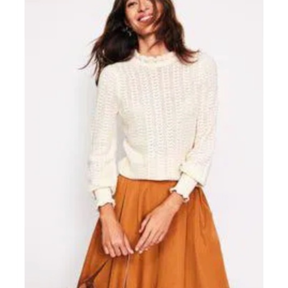 Boden Tia Pointelle Sweater Ivory Ruffle Neck Puff Sleeve XS Coquette